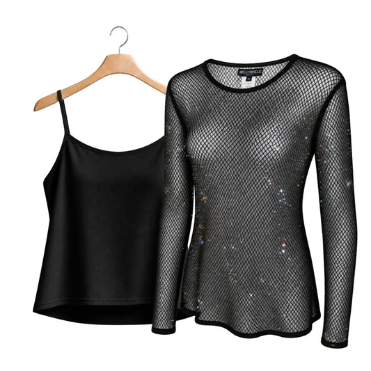 Plum Bottom Ellyndale black diamond mesh long sleeve top with matching camisole featuring subtle sparkling accents.