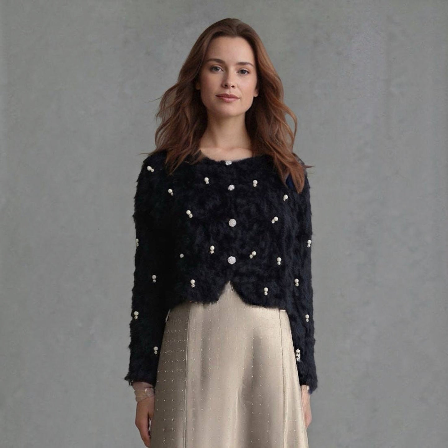 Plum Bottom ELLYNDALE black fluffy bolero featuring scattered diamond and pearl embellishments on a cropped silhouette