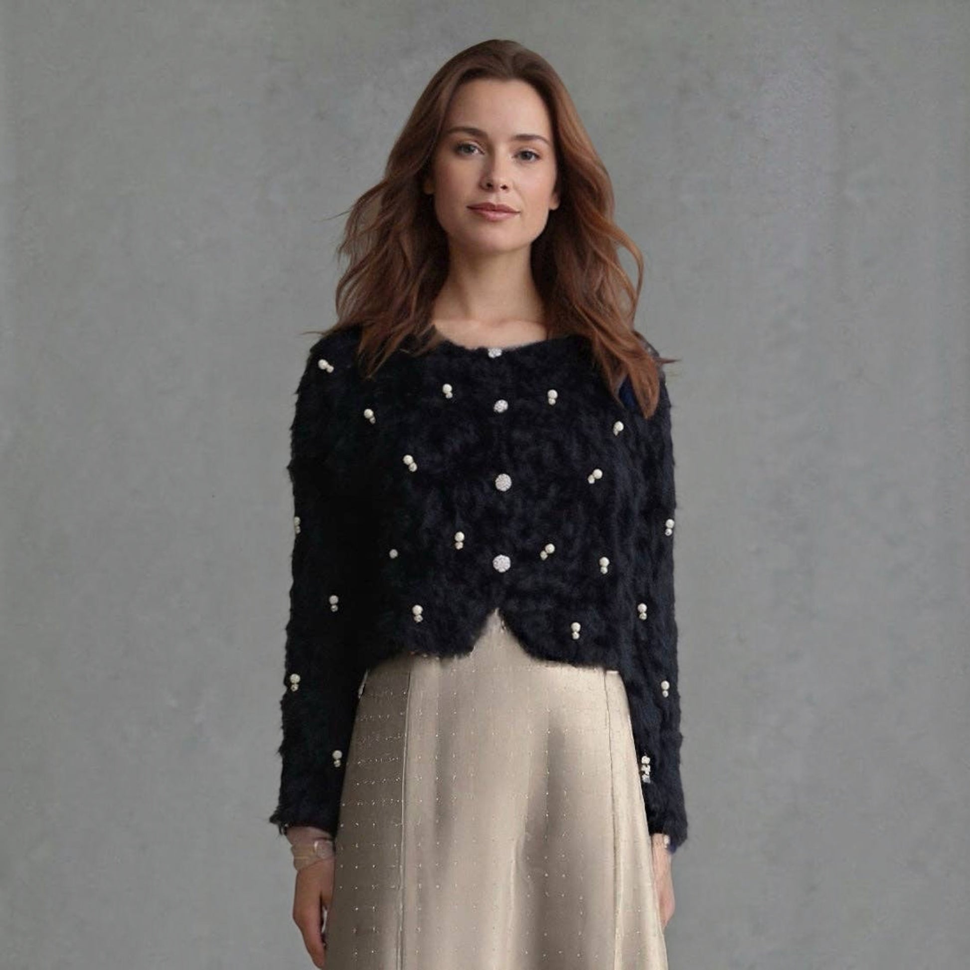 Plum Bottom ELLYNDALE black fluffy bolero featuring scattered diamond and pearl embellishments on a cropped silhouette
