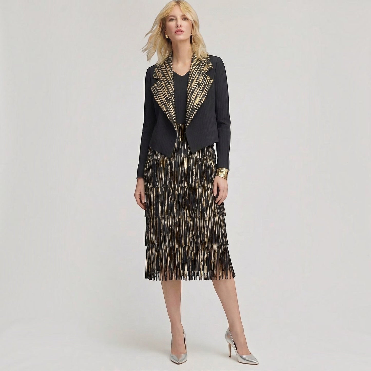 Plum Bottom Ellyndale black and gold pleated sleeveless dress and jacket set with fringe trim and foil print