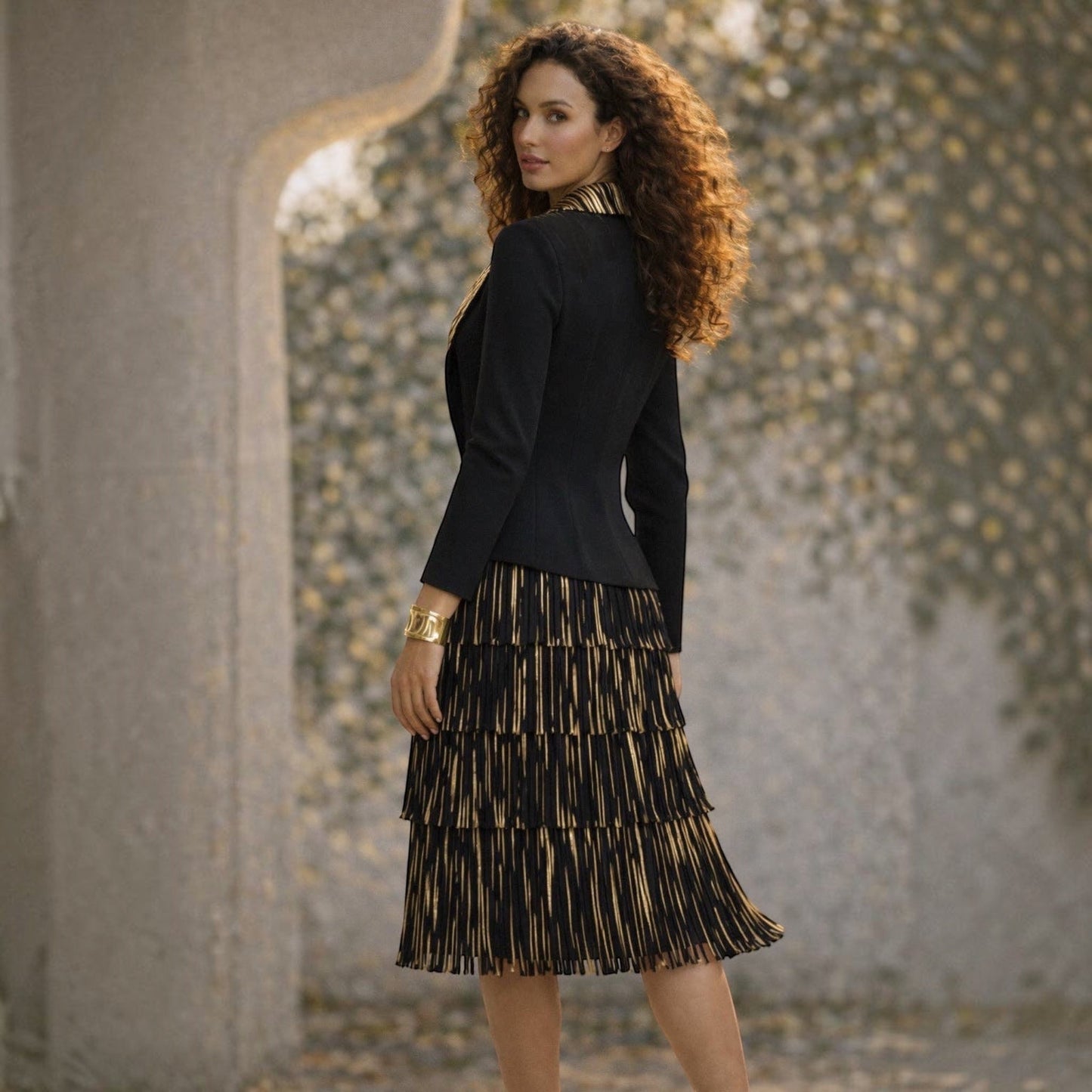 Plum Bottom Ellyndale black and gold pleated dress set with fringe trim and matching jacket on a curly-haired model