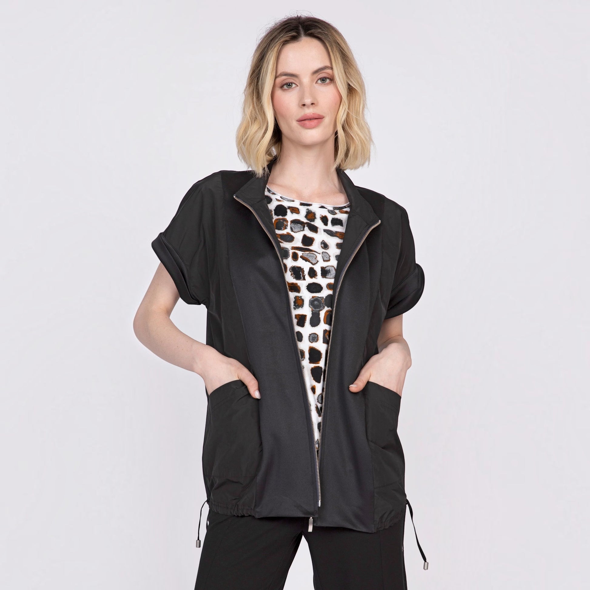Plum Bottom OLIVIA BY HABITAT black mixed media vest with a front zipper and pockets