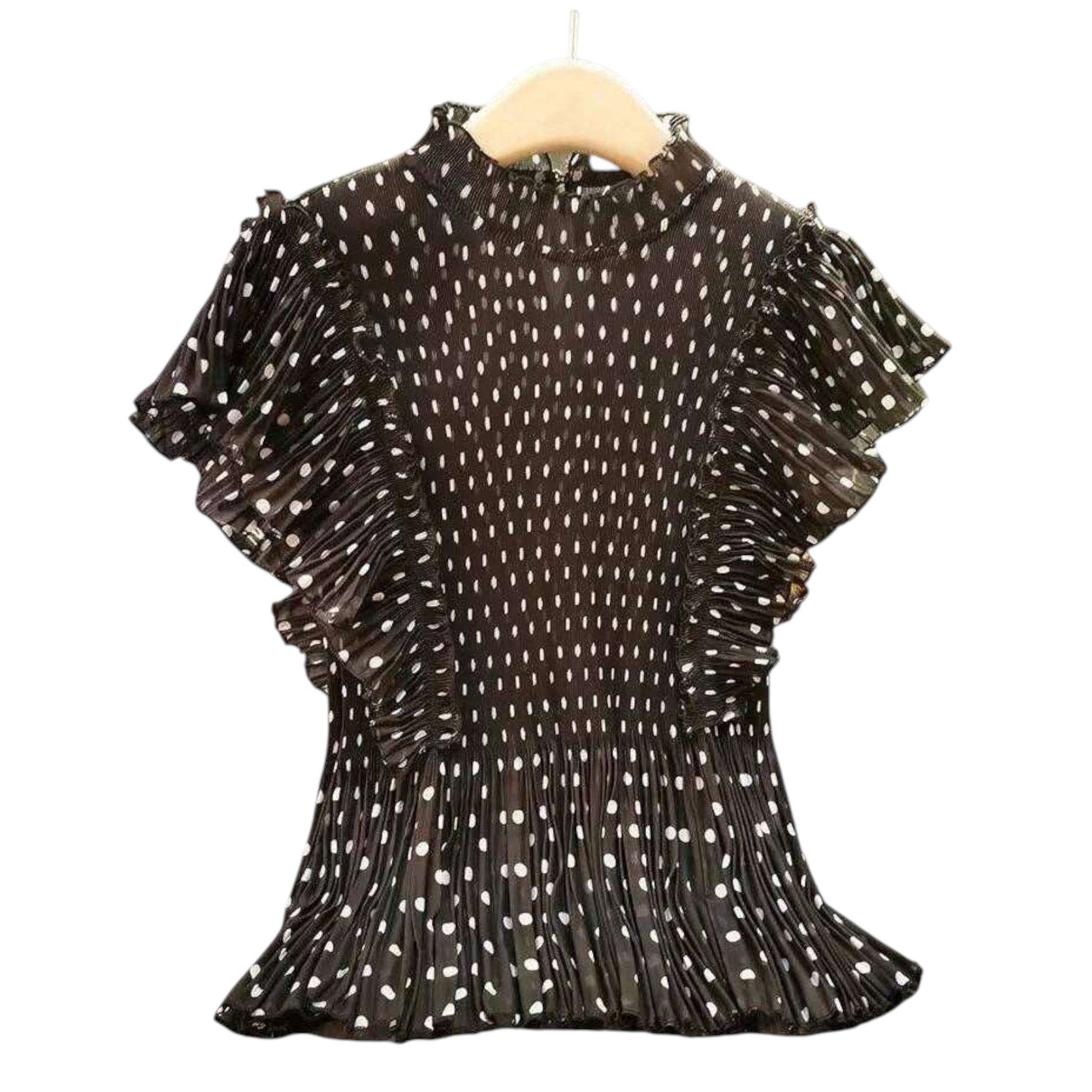 Plum Bottom black polka dot top with micro-pleated fabric, high neck, and cascading ruffle sleeves.