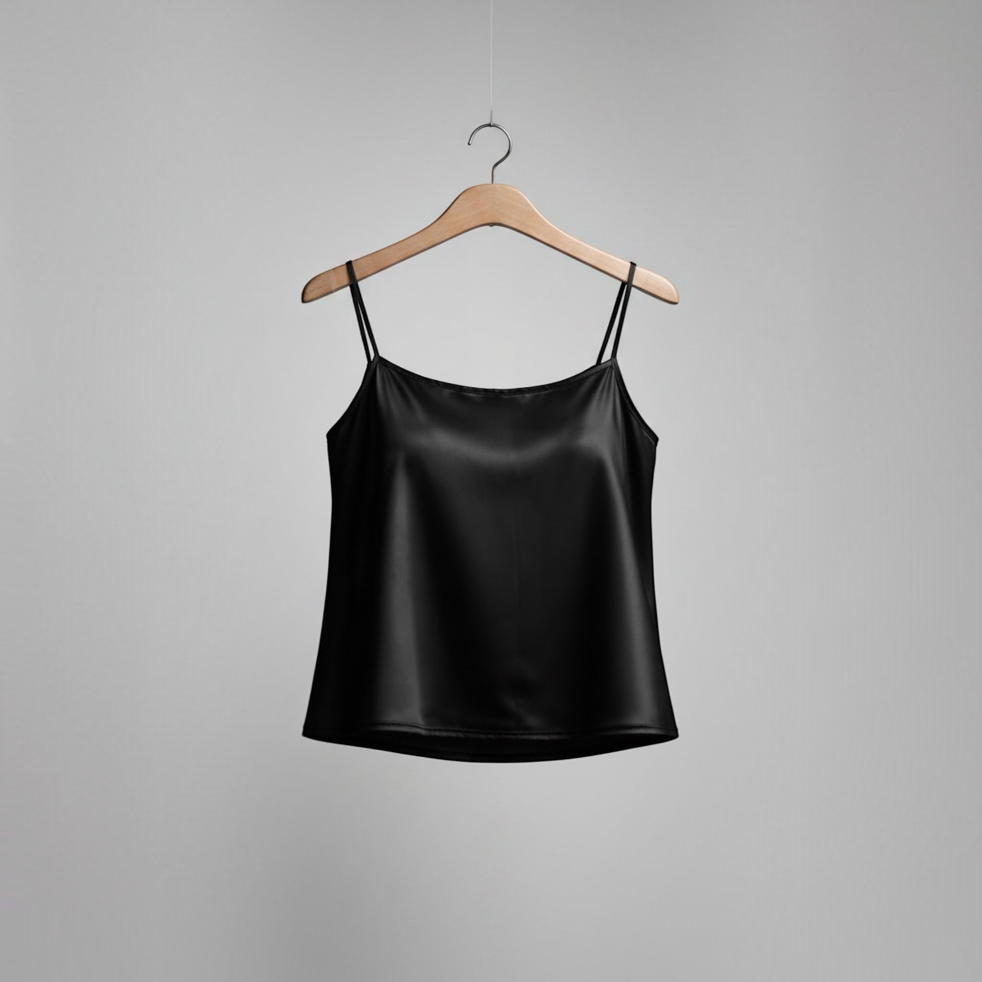 Plum Bottom ELLYNDALE black stretch satin cami top with adjustable spaghetti straps
