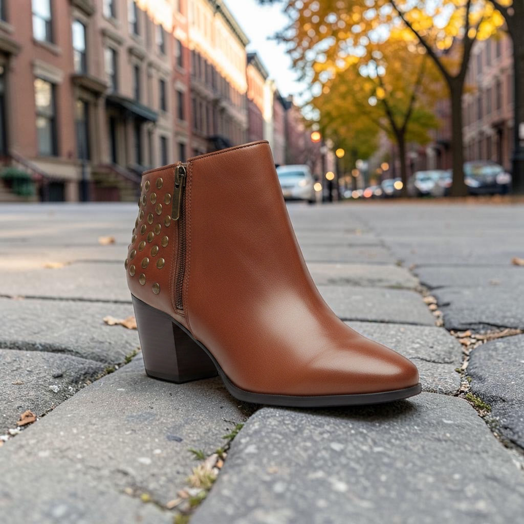 Plum Bottom CHOCOLAT BLU Edie brown leather ankle boot with gold stud detailing and a block heel on a city street.