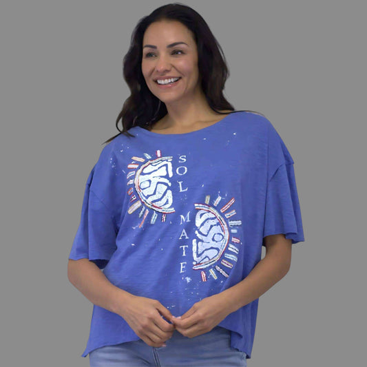 Plum Bottom CAITE & KYLA Melina Tee in capri blue with Sol Mate graphic print and relaxed fit
