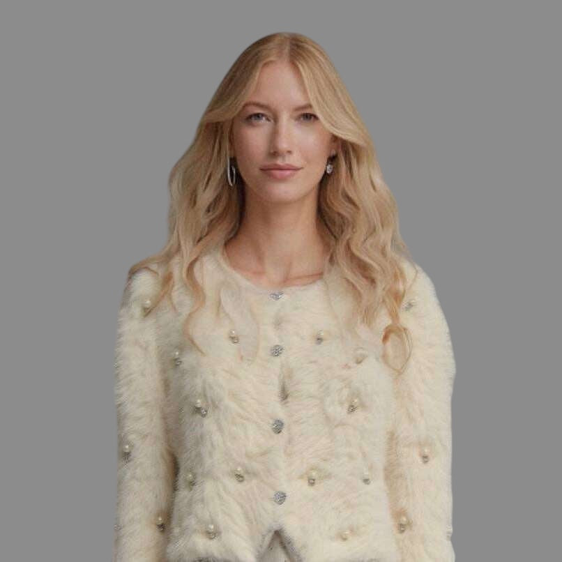 Plum Bottom ELLYNDALE cream fluffy bolero with scattered diamond and pearl embellishments on a blonde model