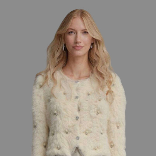 Plum Bottom ELLYNDALE cream fluffy bolero with scattered diamond and pearl embellishments on a blonde model