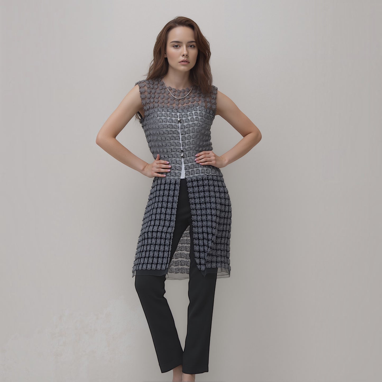 Plum Bottom ELLYNDALE sleeveless black organza vest with lace detailing and pearl button front closure on a model