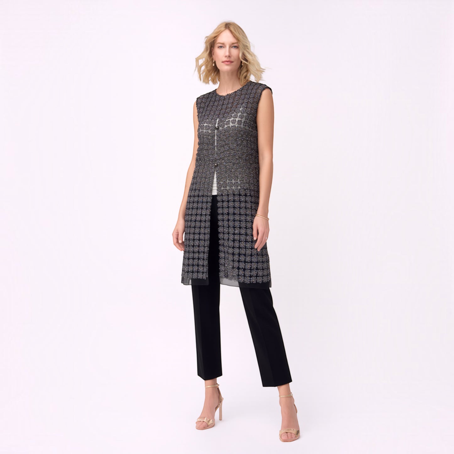 Plum Bottom ELLYNDALE black lace organza sleeveless long vest with pearl button front
