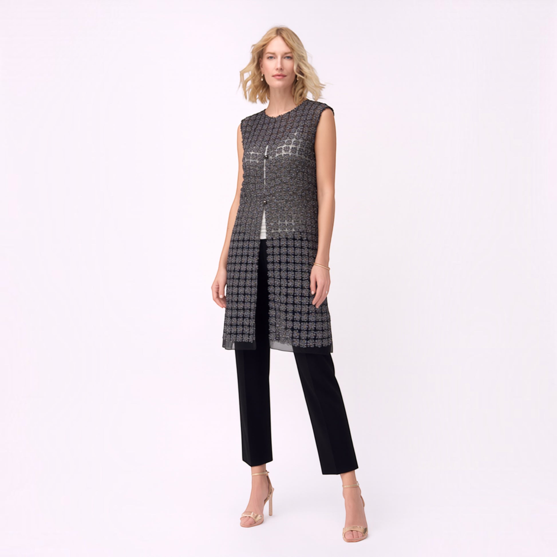 Plum Bottom ELLYNDALE black lace organza sleeveless long vest with pearl button front