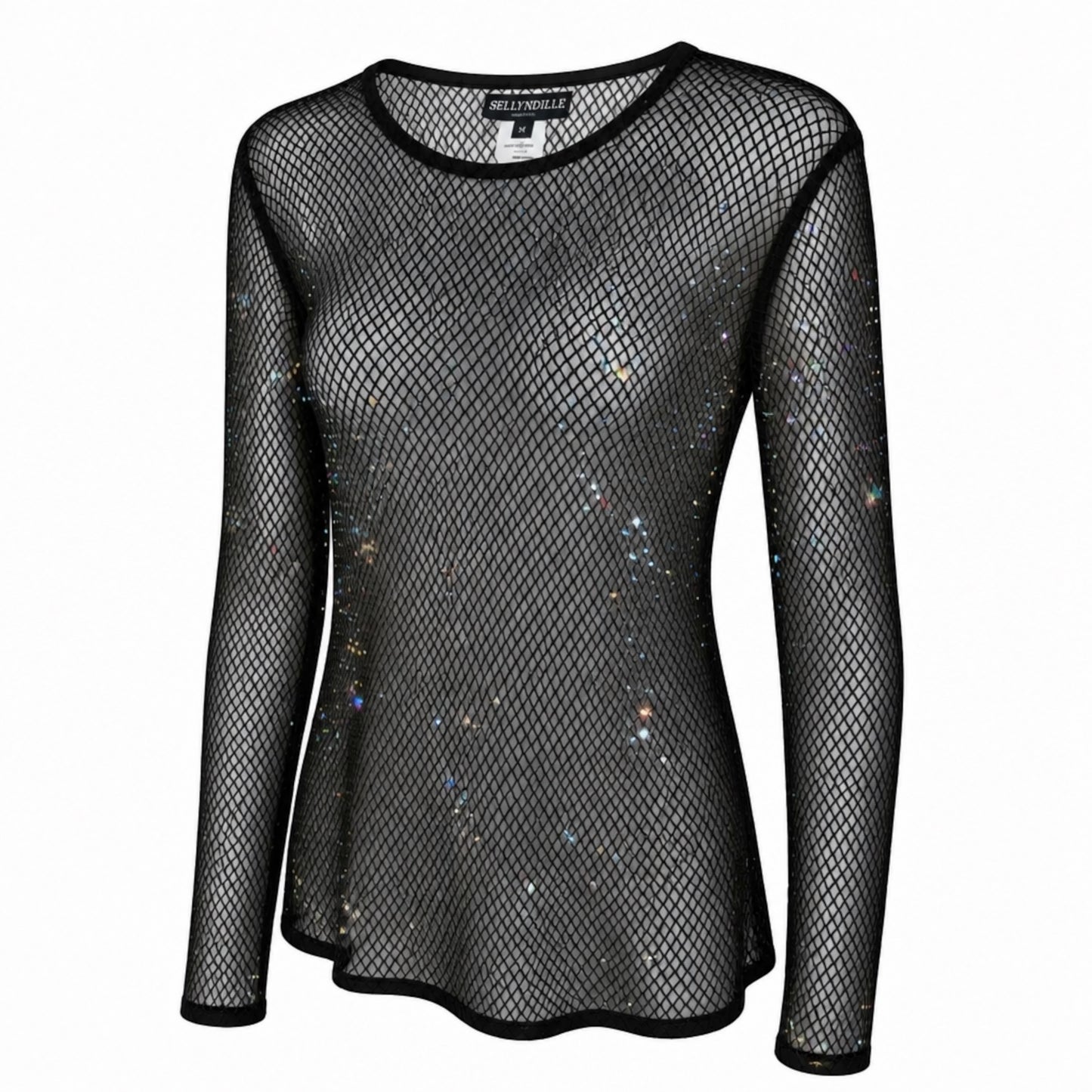 Plum Bottom Ellyndale black diamond mesh long sleeve top with subtle iridescent rhinestone embellishments