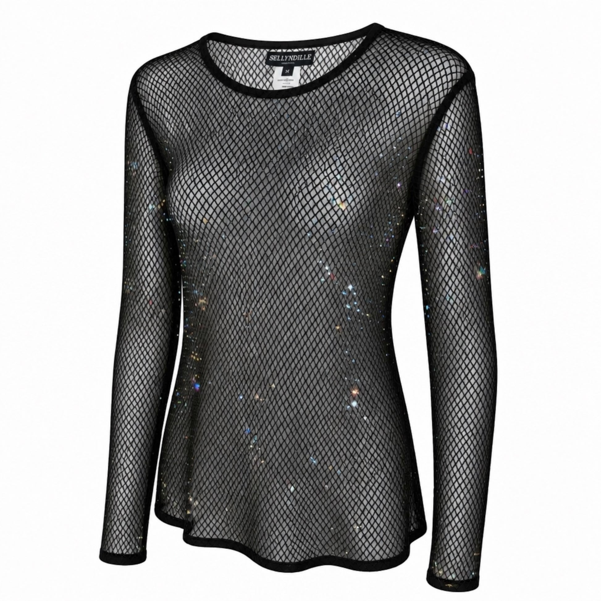 Plum Bottom Ellyndale black diamond mesh long sleeve top with subtle iridescent rhinestone embellishments