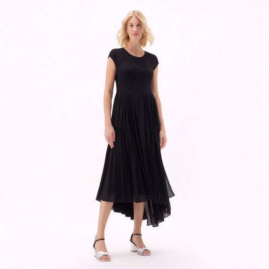 Plum Bottom Ellyndale black pleated midi dress with cupsleeves