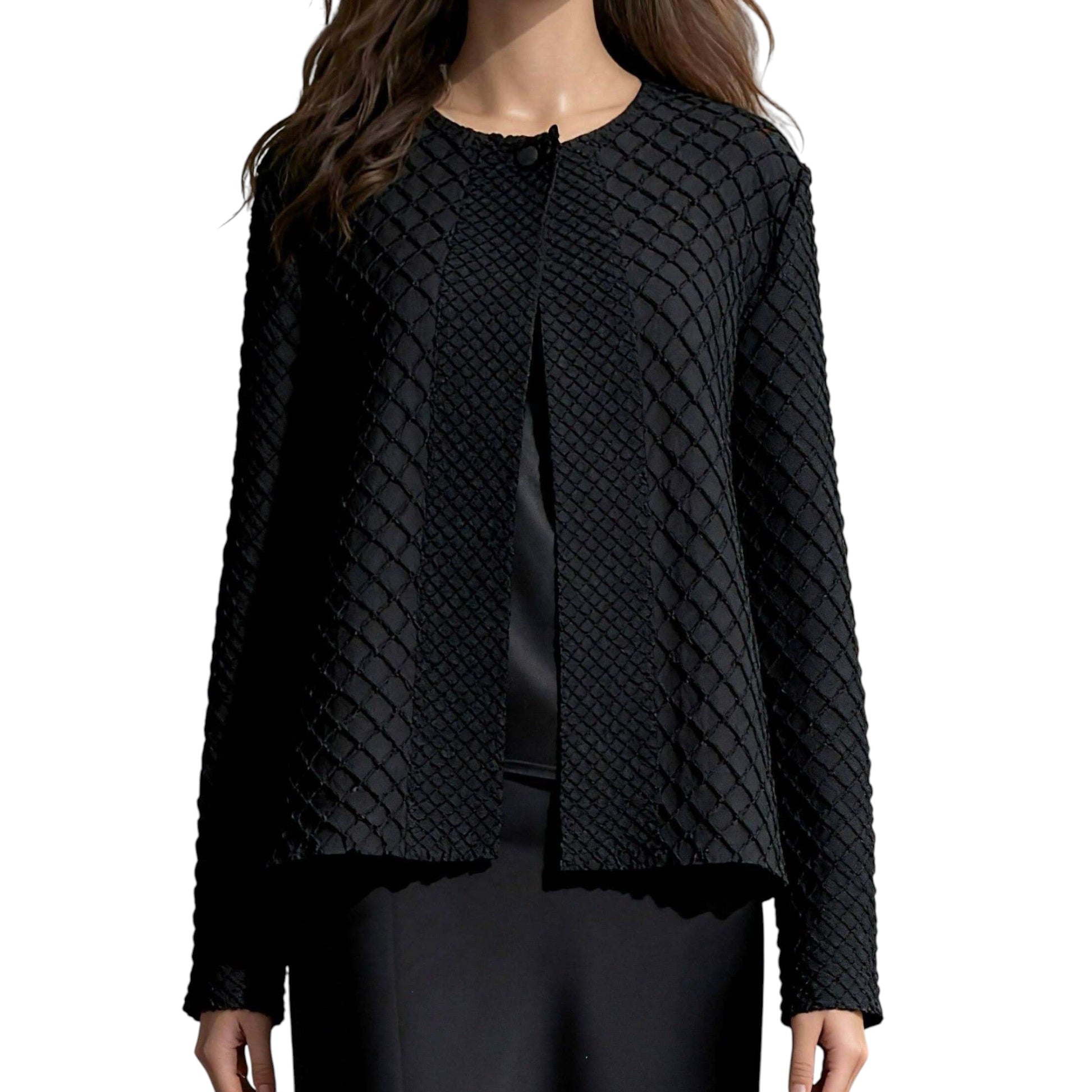 Plum Bottom ELLYNDALE black waffle weave jacket with structured pleats, round neckline, and open front design.