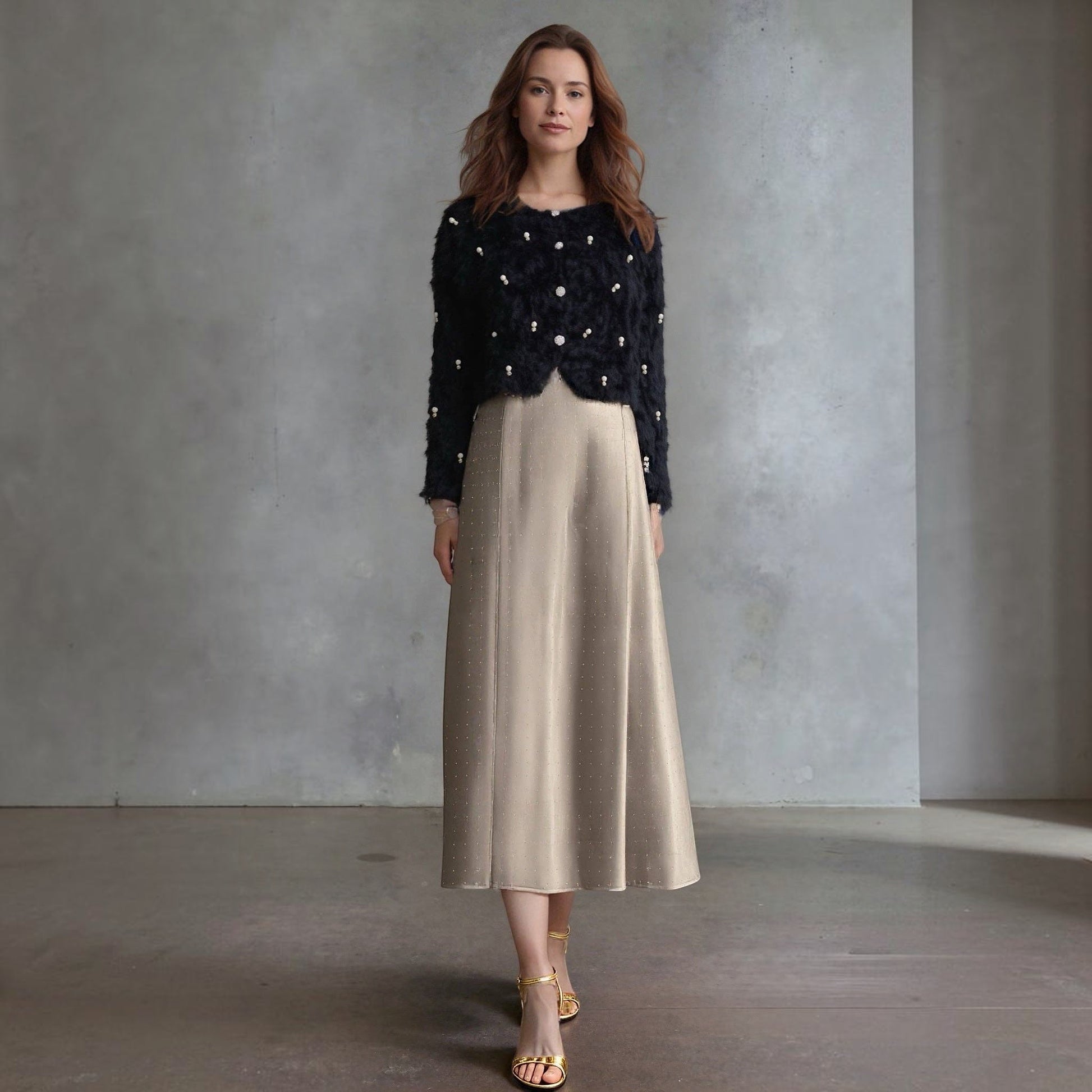 Plum Bottom ELLYNDALE black fluffy bolero with diamond and pearl embellishments worn over a champagne midi skirt.