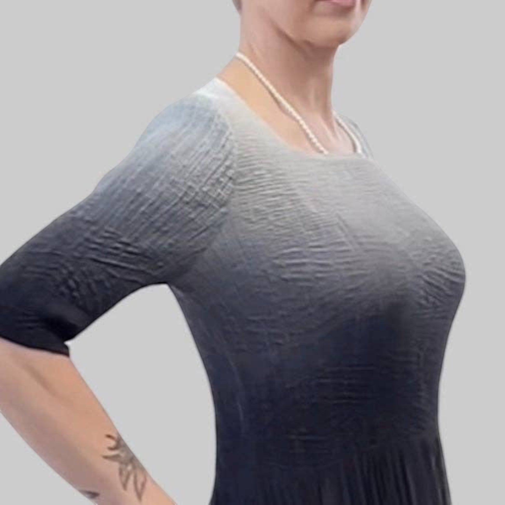 Plum Bottom ELLYNDALE pleated ombre dress in black and grey with 3/4 sleeves and textured polyester fabric