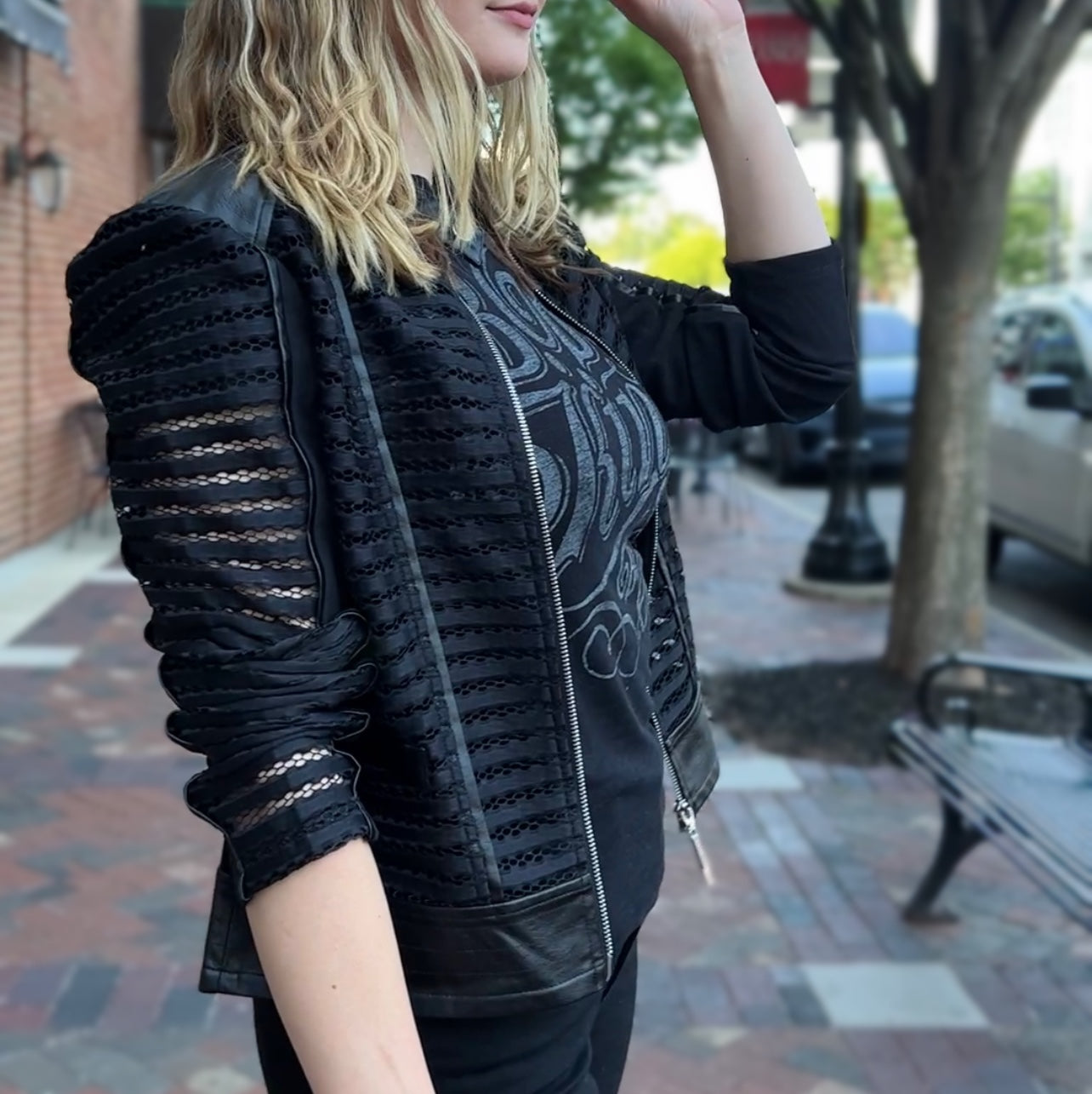 Plum Bottom ELLYNDALE Shadow Jacket in black featuring mixed-media faux leather panels and breathable mesh stripes.