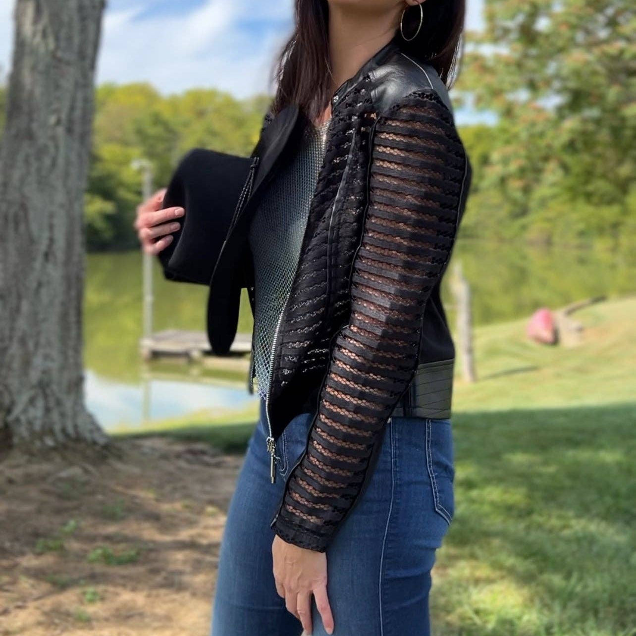 Plum Bottom ELLYNDALE Shadow Jacket featuring black faux leather panels and breathable mesh stripe sleeves