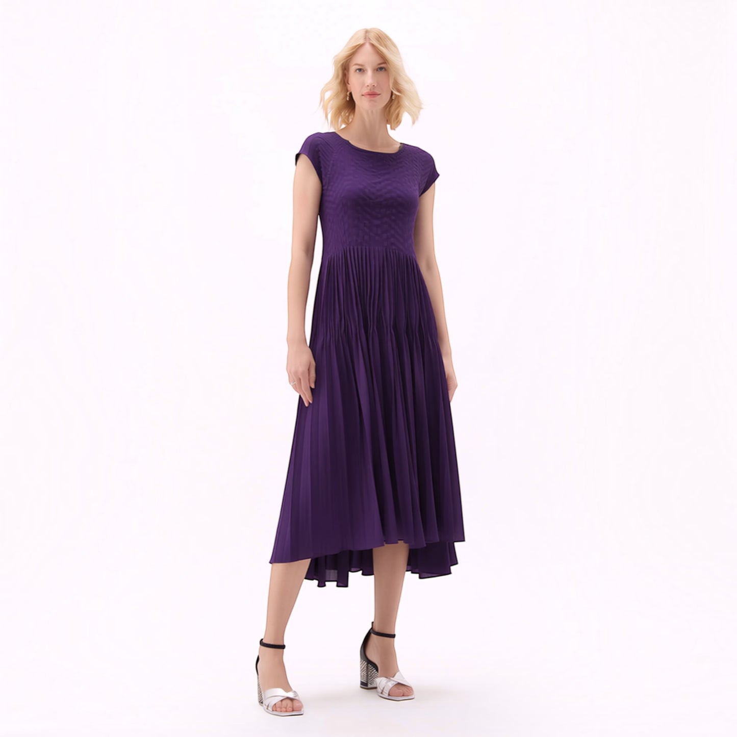 Plum Bottom ELLYNDALE violet pleated midi dress with cupsleeves worn by a blonde model on a white background
