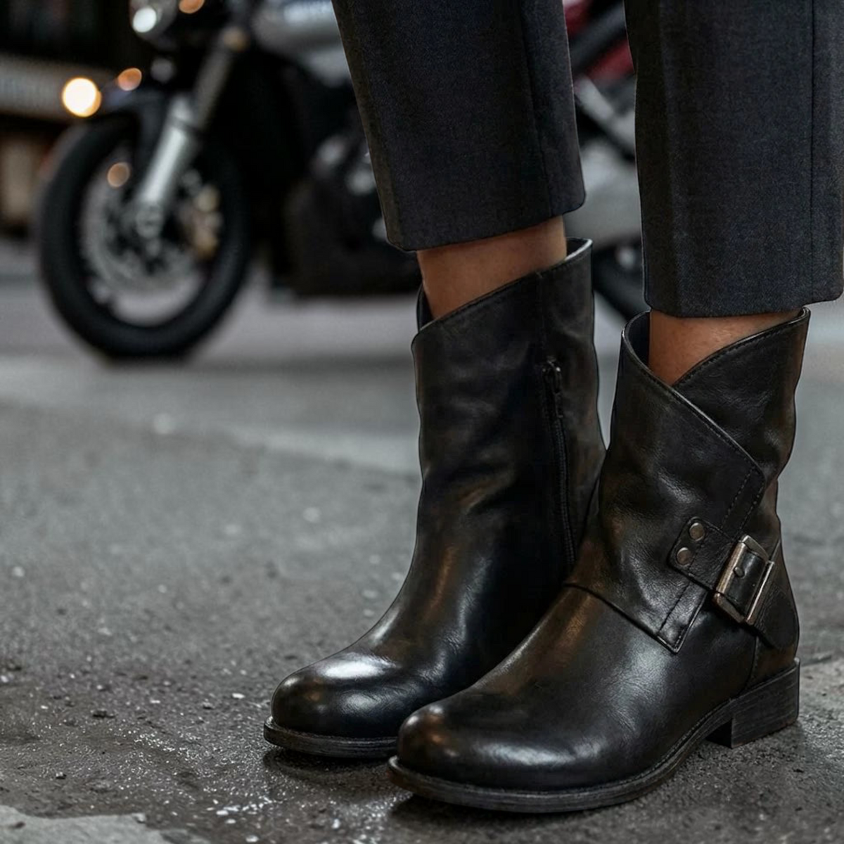 Plum Bottom Eric Michael Malaga black leather moto ankle boots with buckle detail worn with dark trousers