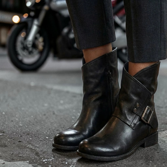Plum Bottom Eric Michael Malaga black leather moto ankle boots with buckle detail worn with dark trousers