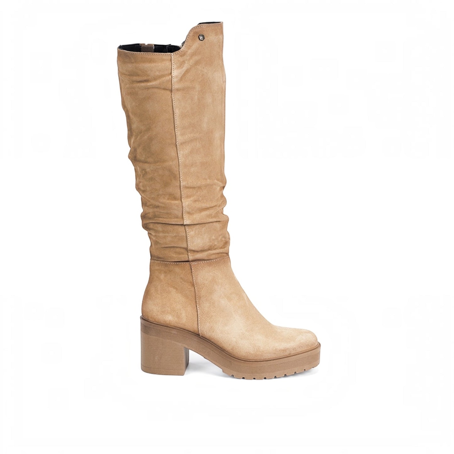 Plum Bottom FLUCHOS Sarah tall beige leather boot with a chunky block heel and platform rubber sole.