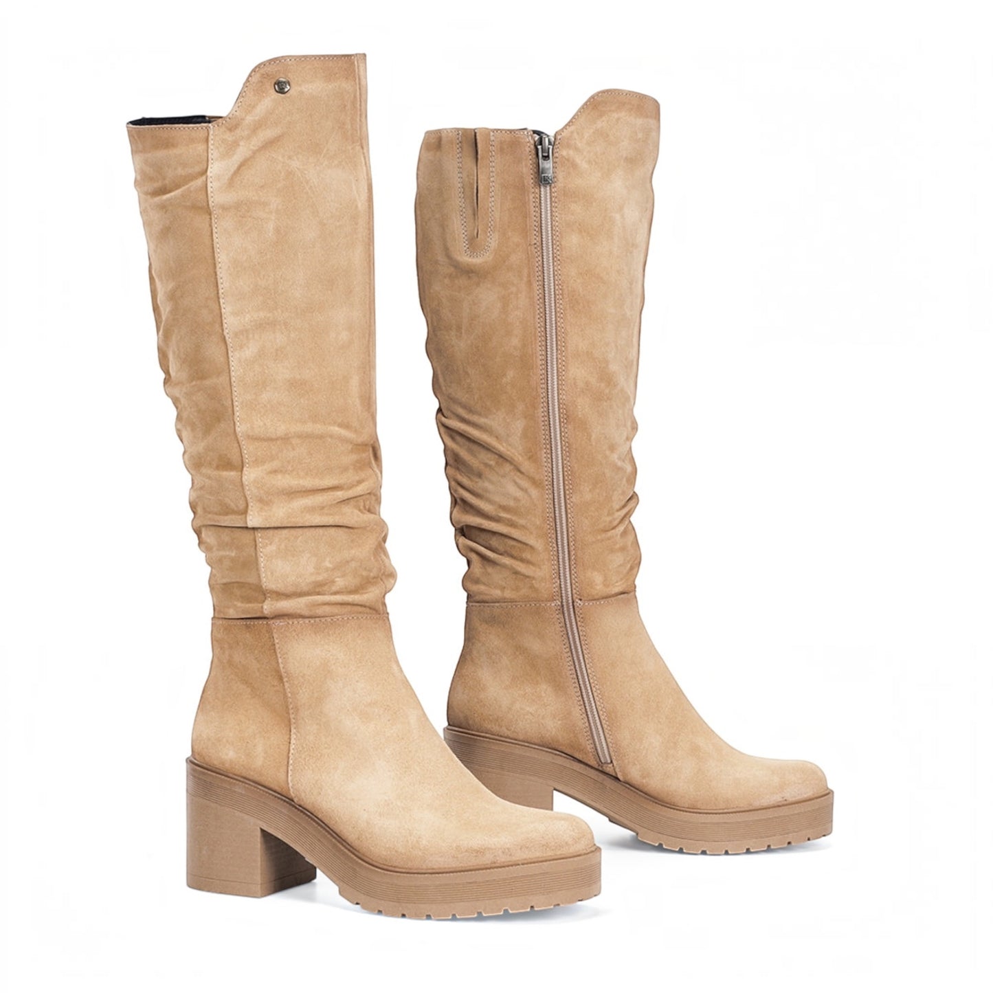 Plum Bottom FLUCHOS Sarah tall boots in beige leather with a chunky block heel and side zipper closure.