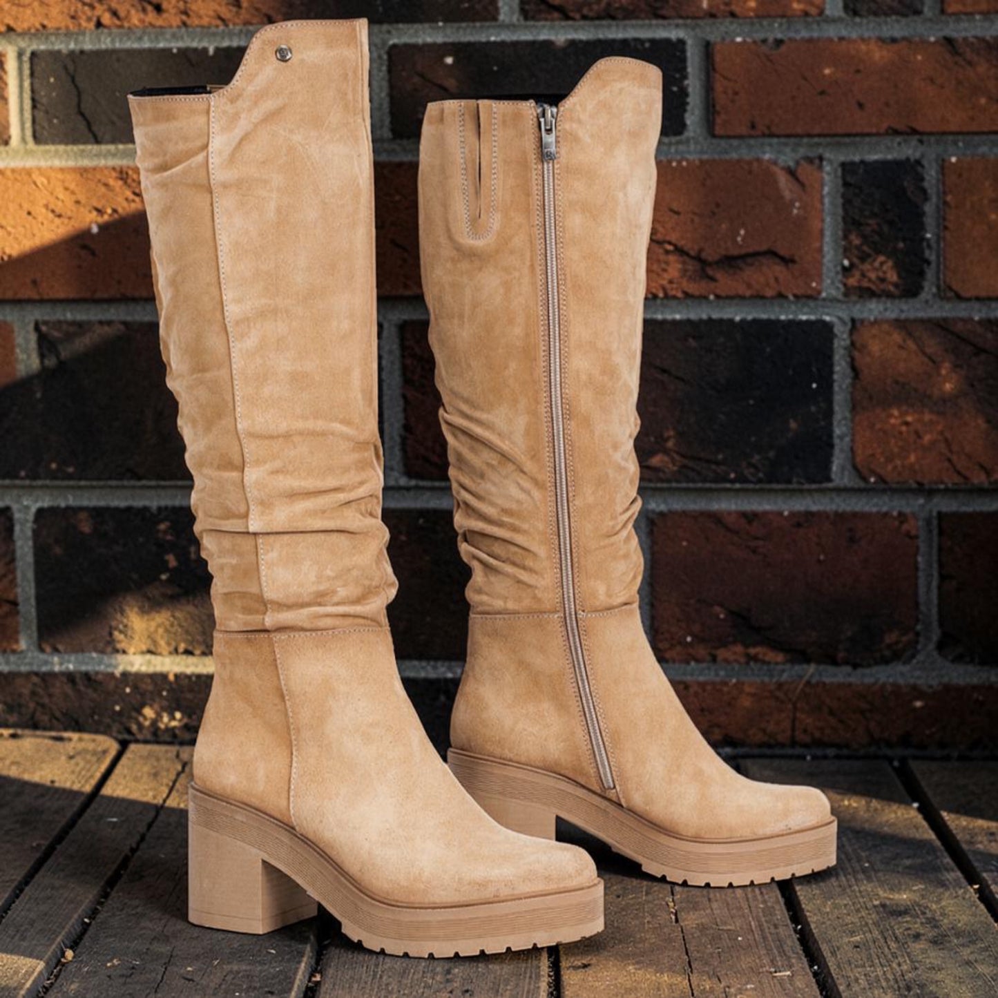 Plum Bottom FLUCHOS Sarah tall boots in beige leather with a chunky block heel and platform rubber sole.