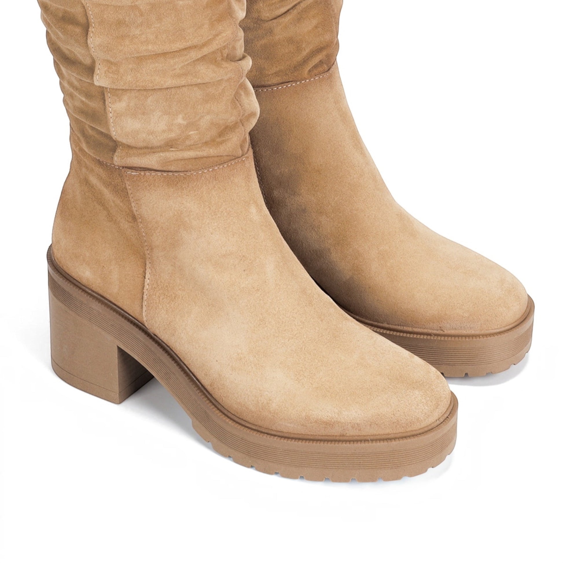 Plum Bottom FLUCHOS Sarah beige suede tall boots with a chunky block heel and platform rubber sole.
