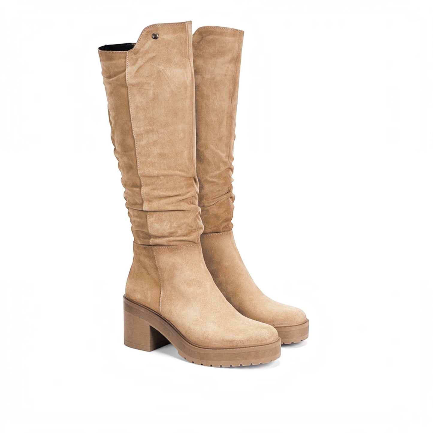 Plum Bottom FLUCHOS Sarah tall boots in beige suede with a chunky block heel and platform sole.