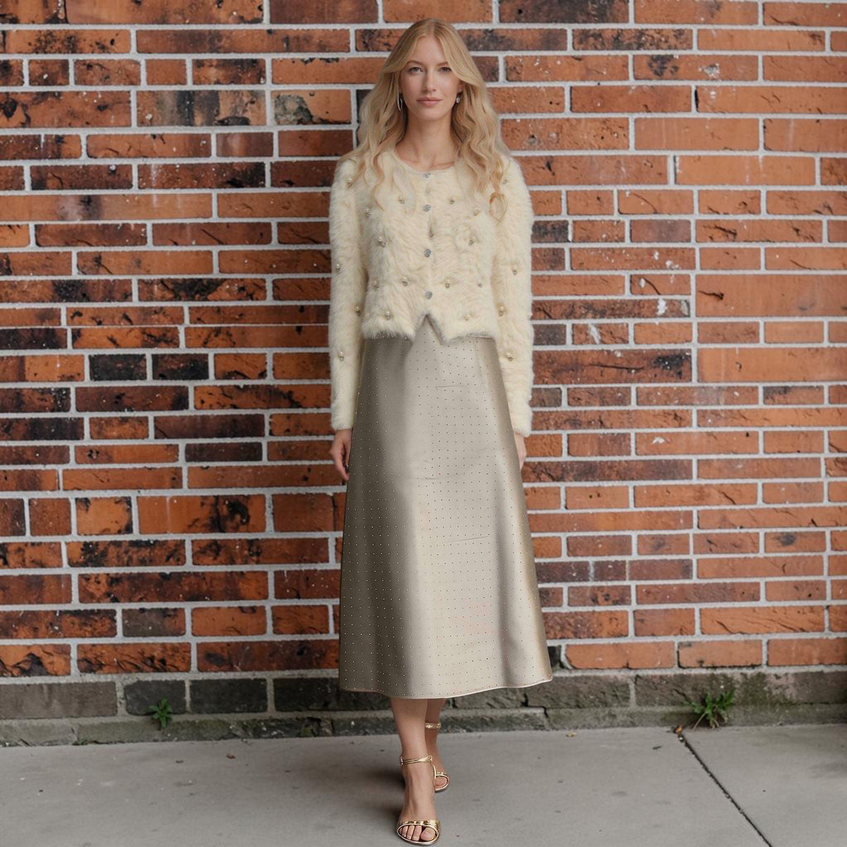 Plum Bottom ELLYNDALE fluffy cream bolero with diamond and pearl embellishments worn over a metallic midi skirt