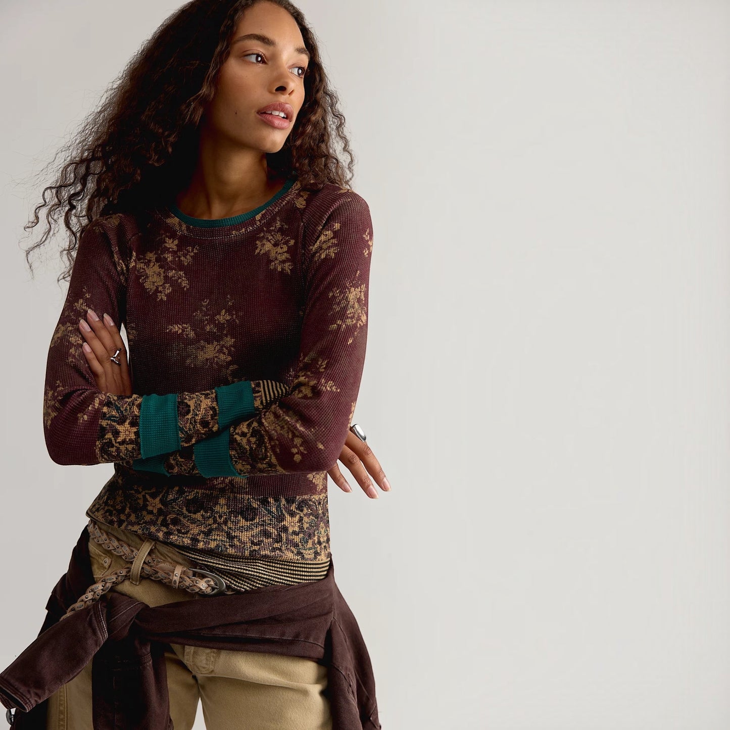 Plum Bottom Free People ribbed cotton long-sleeve top in brown floral print with contrasting green cuffs