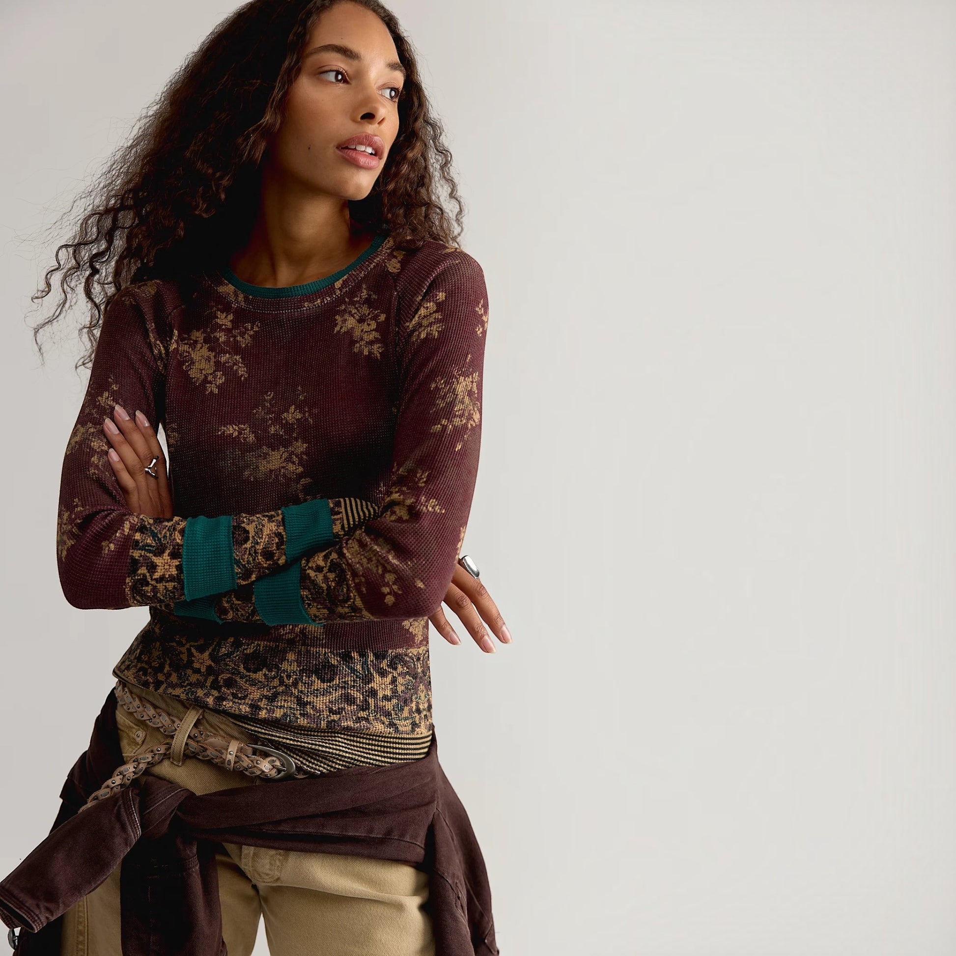 Plum Bottom Free People ribbed cotton long-sleeve top in brown floral print with contrasting green cuffs