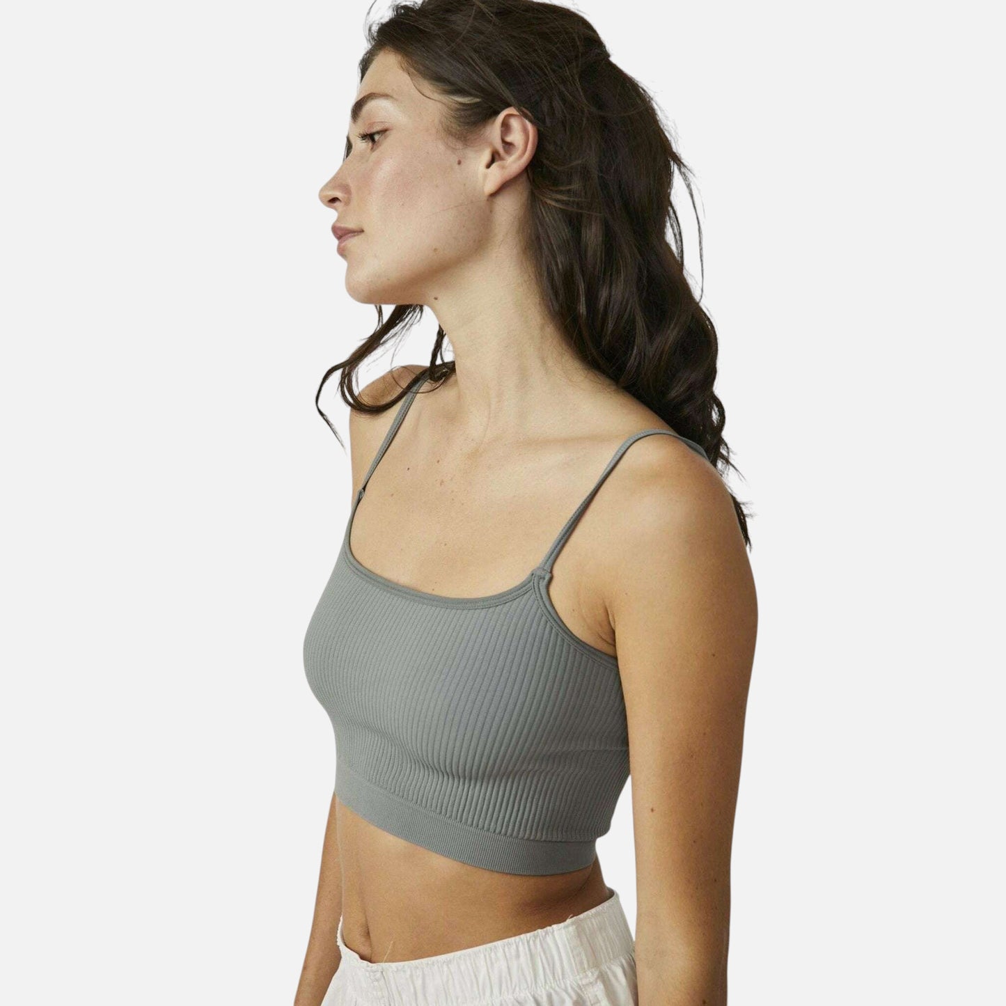 Plum Bottom Free People recycled ribbed brami in grey worn by a model, side profile view