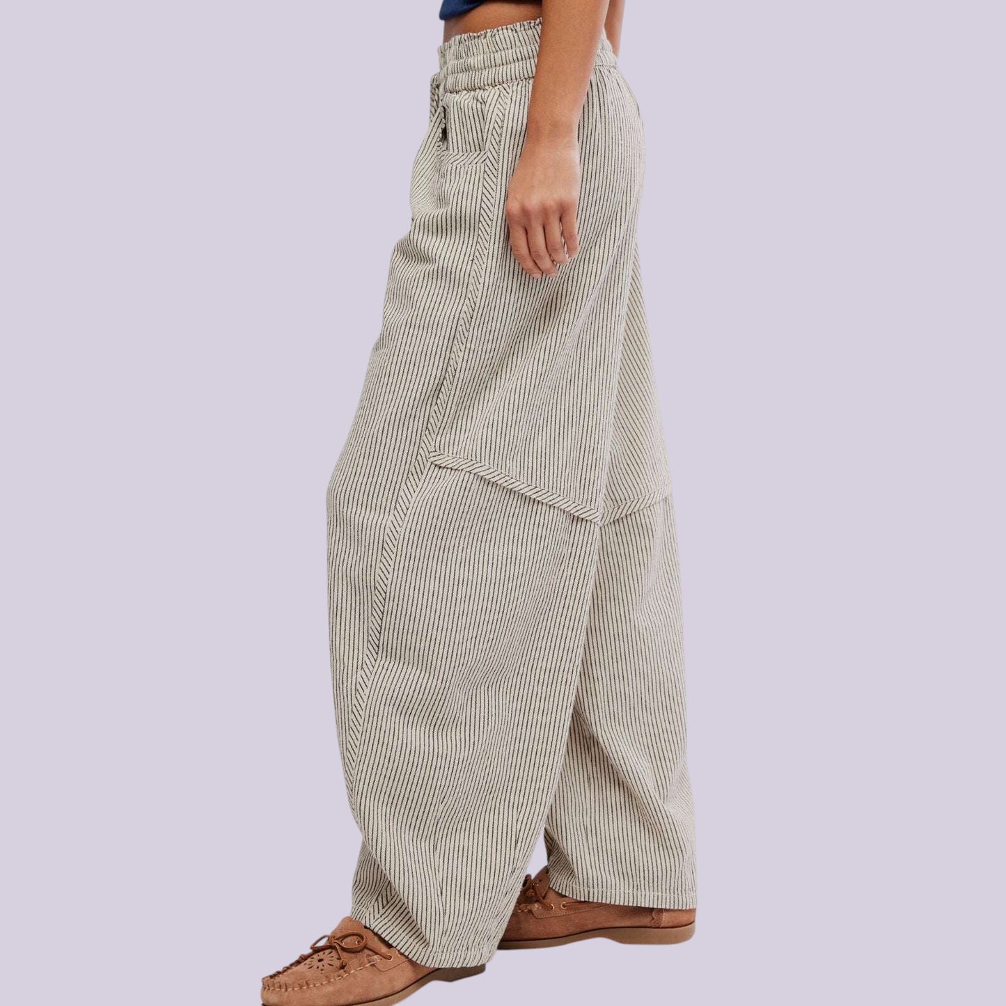 Plum Bottom FREE PEOPLE Something Good barrel pants in beige with micro stripes, drawstring waist, and raw-edge seams.