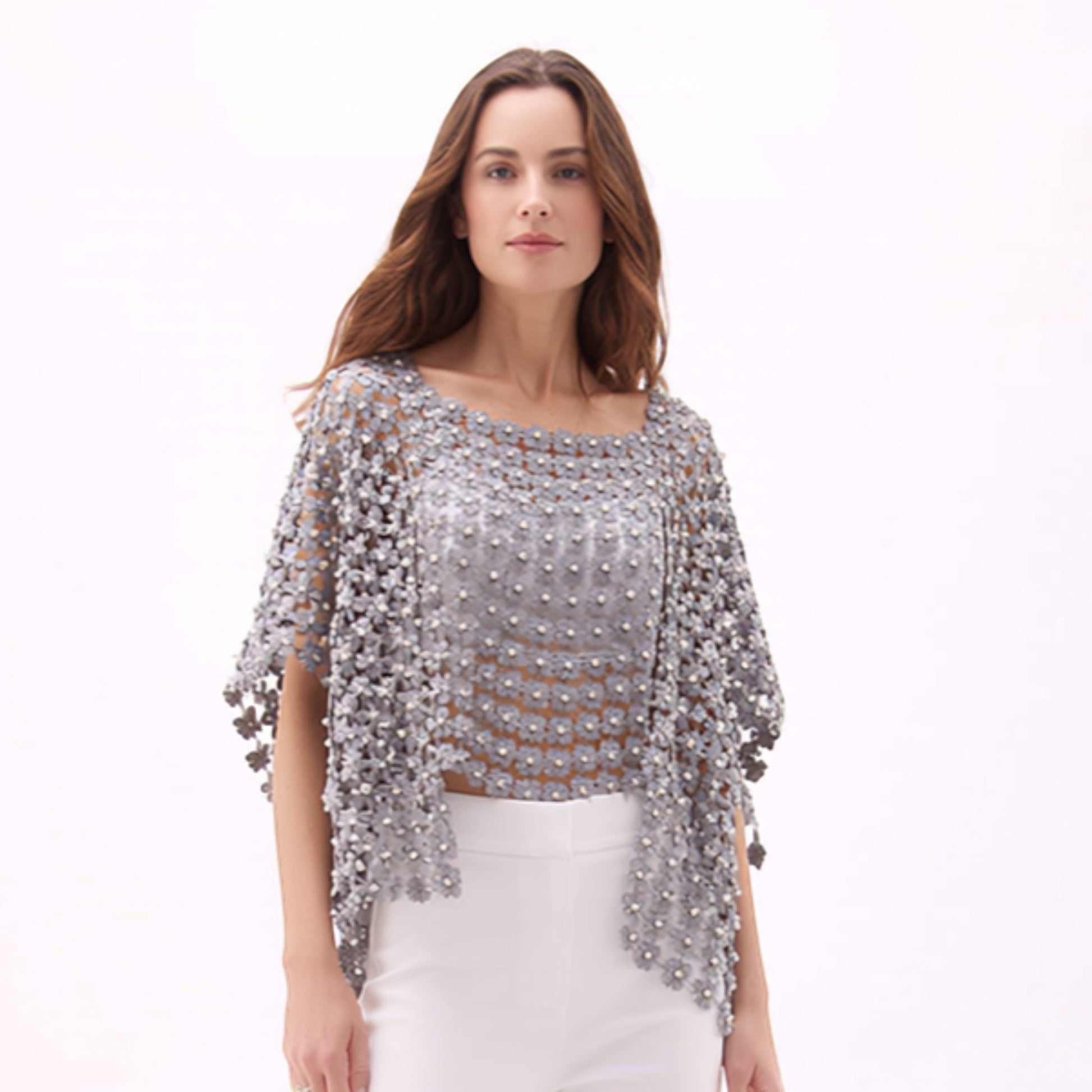 Plum Bottom ELLYNDALE grey lace poncho featuring delicate white pearl embellishments worn by a model