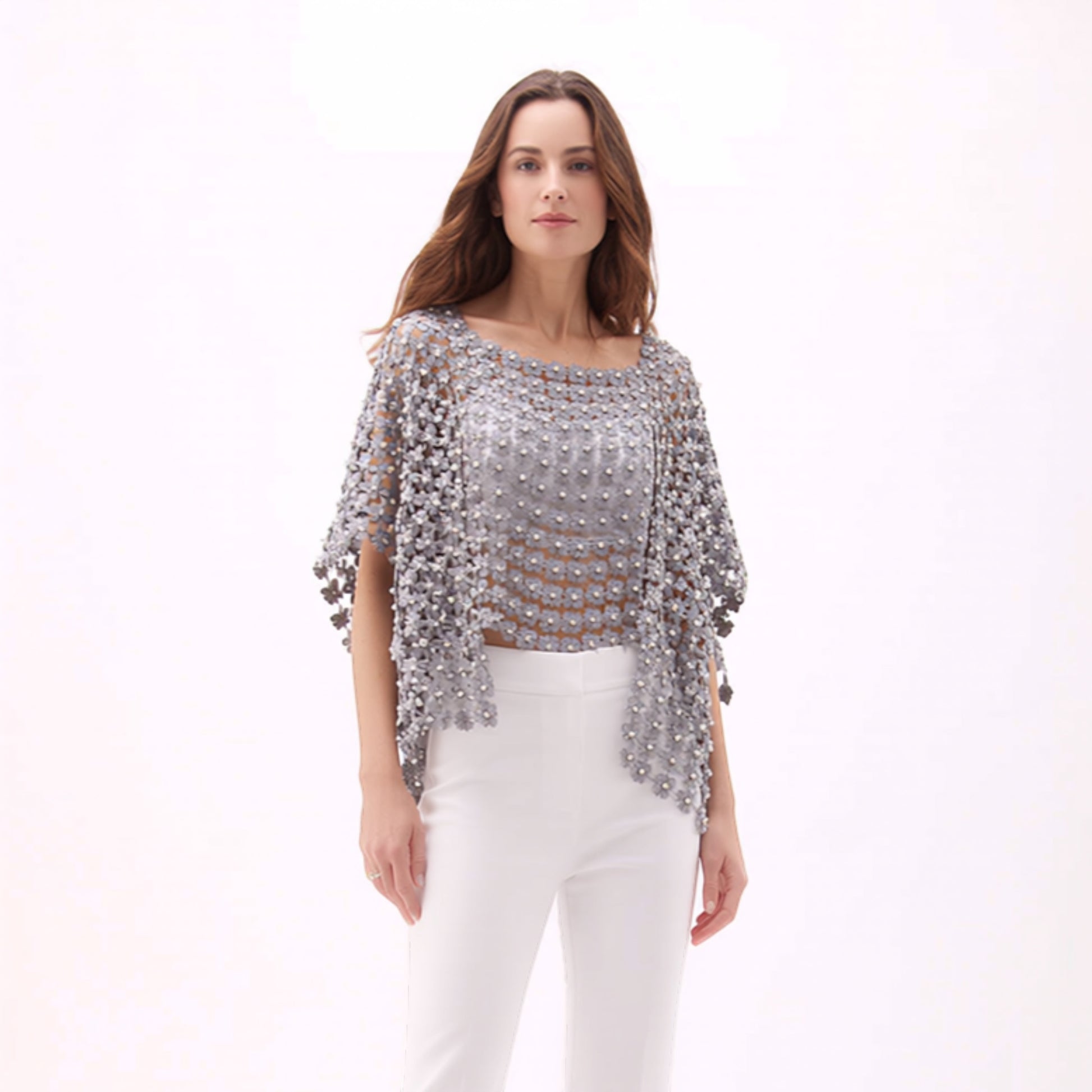 Plum Bottom ELLYNDALE grey lace poncho with delicate white pearl embellishments