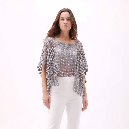 Plum Bottom ELLYNDALE grey lace poncho with delicate white pearl embellishments