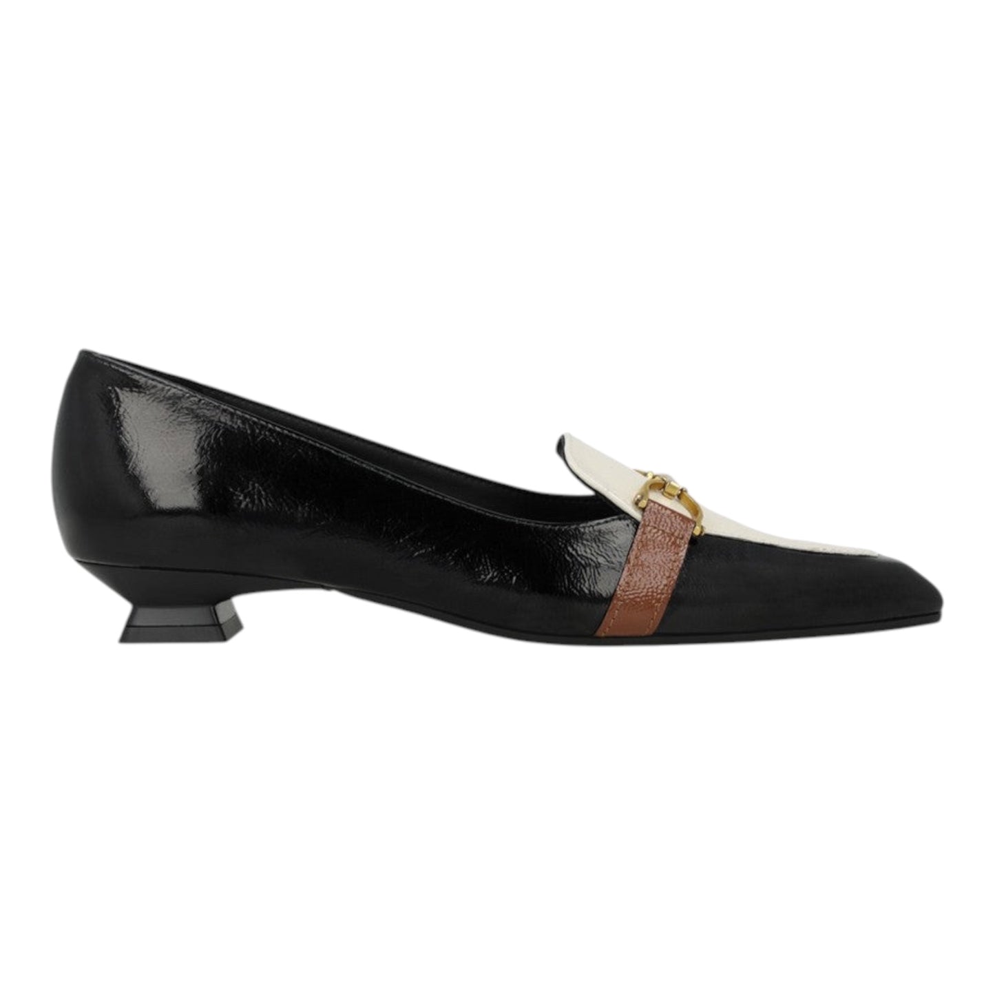 Plum Bottom LODI Bed 5530 patent leather low heel pump with metallic vamp detail and pointed toe in black and white.