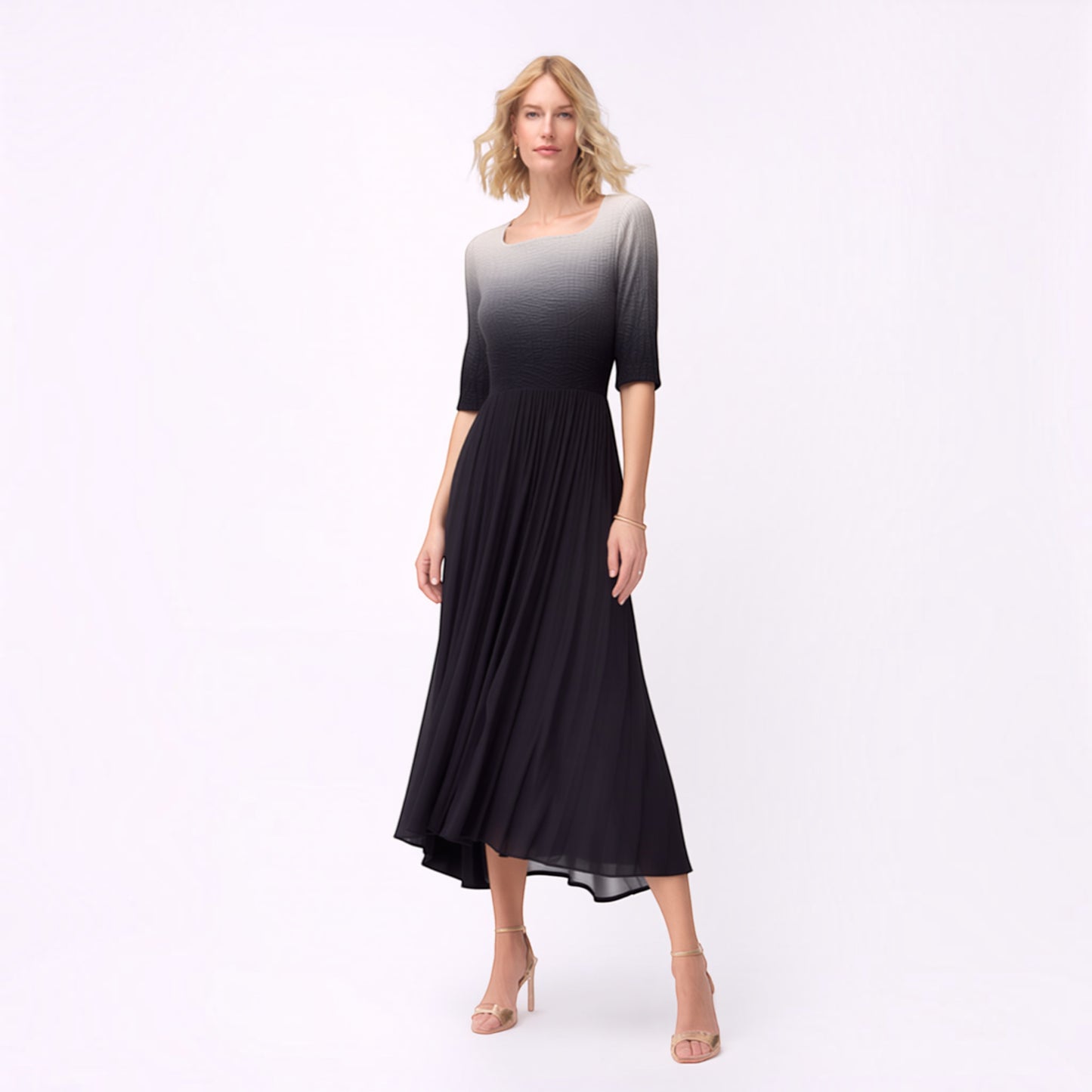 Plum Bottom ELLYNDALE black and grey ombre pleated midi dress with 3/4 sleeves