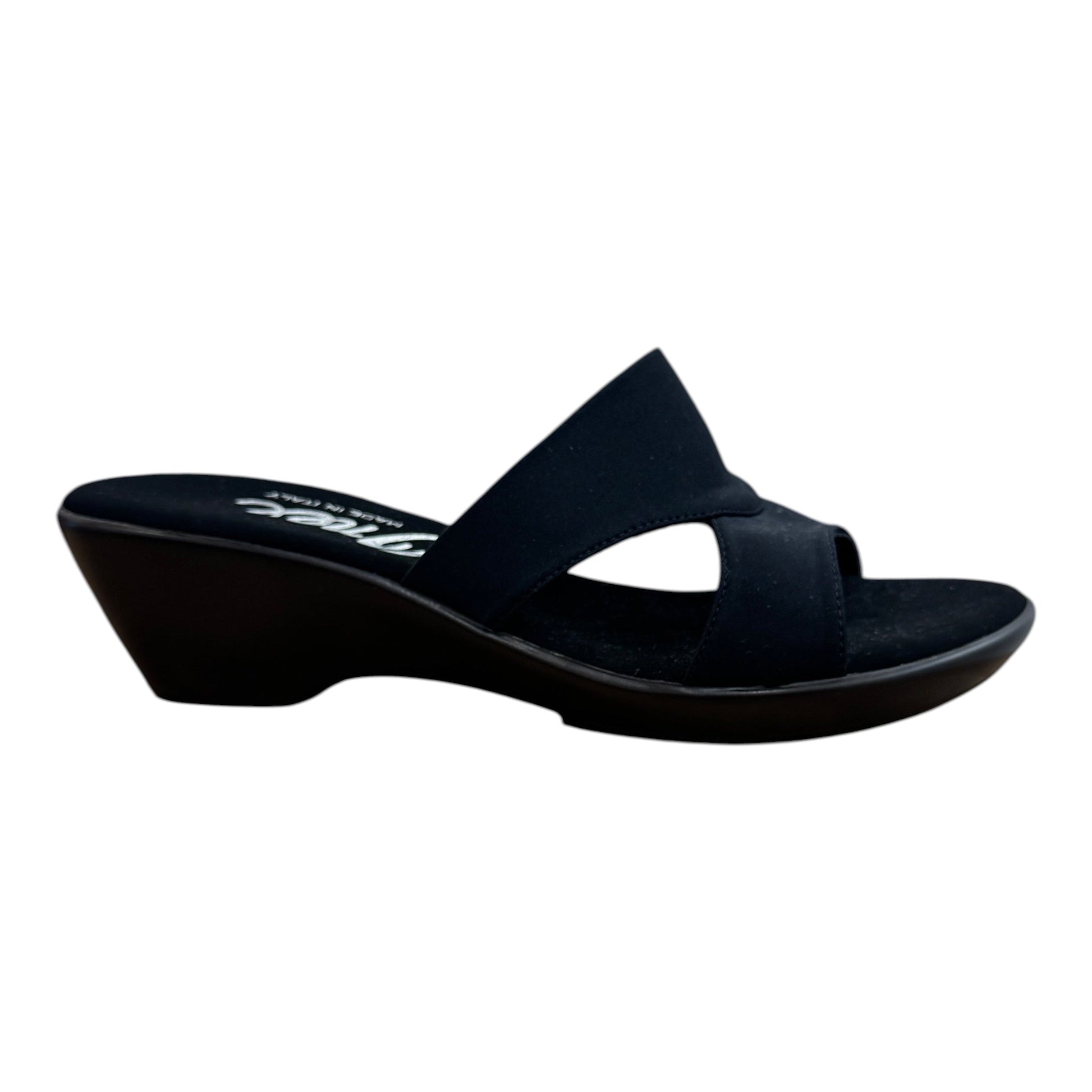 Plum Bottom ONEX Gilda-2 black slide sandal with crisscross straps and a comfortable 1.5-inch wedge heel.
