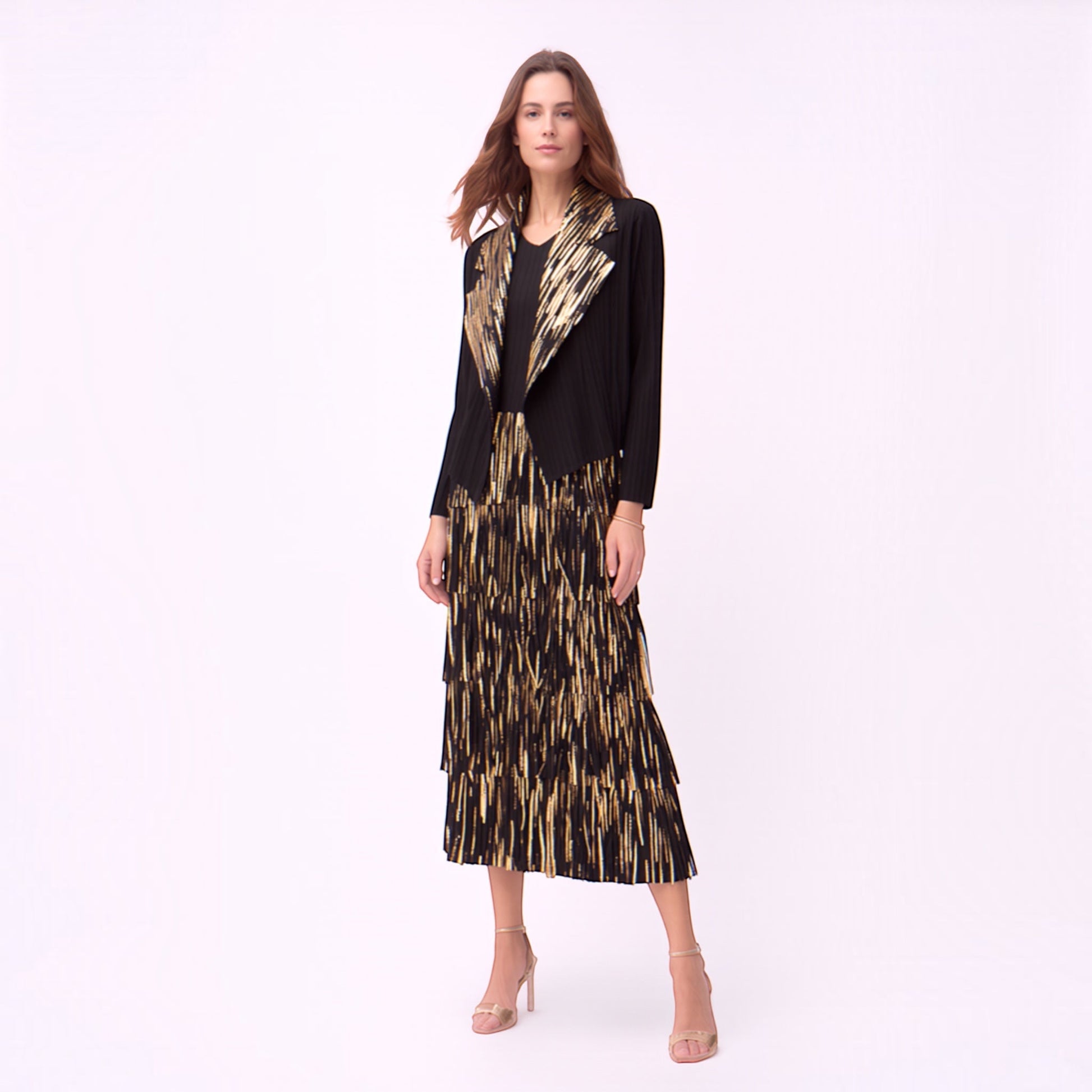 Plum Bottom Ellyndale black and gold pleated sleeveless dress and jacket set with fringe trim and foil print.