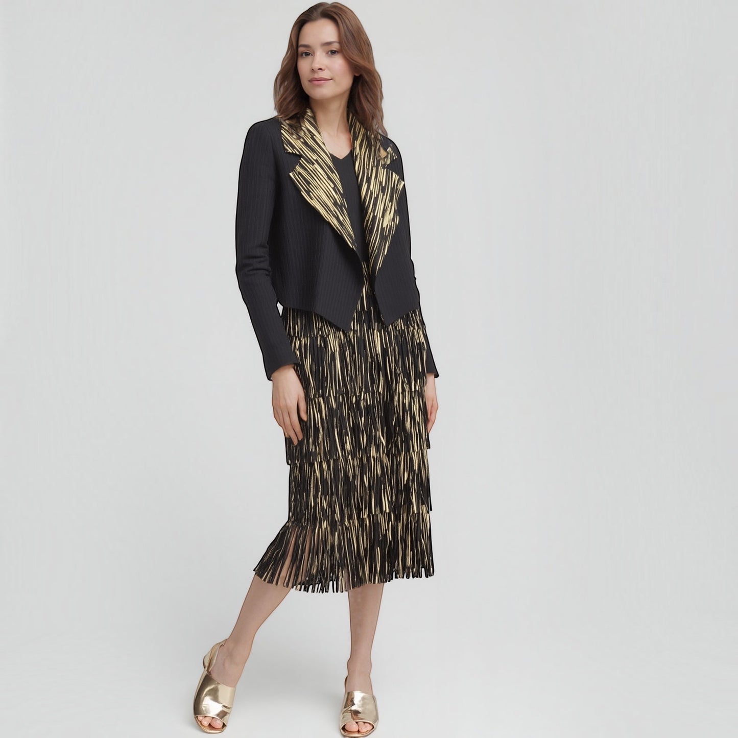 Plum Bottom Ellyndale black and gold pleated sleeveless dress and jacket set with fringe trim and foil print detail