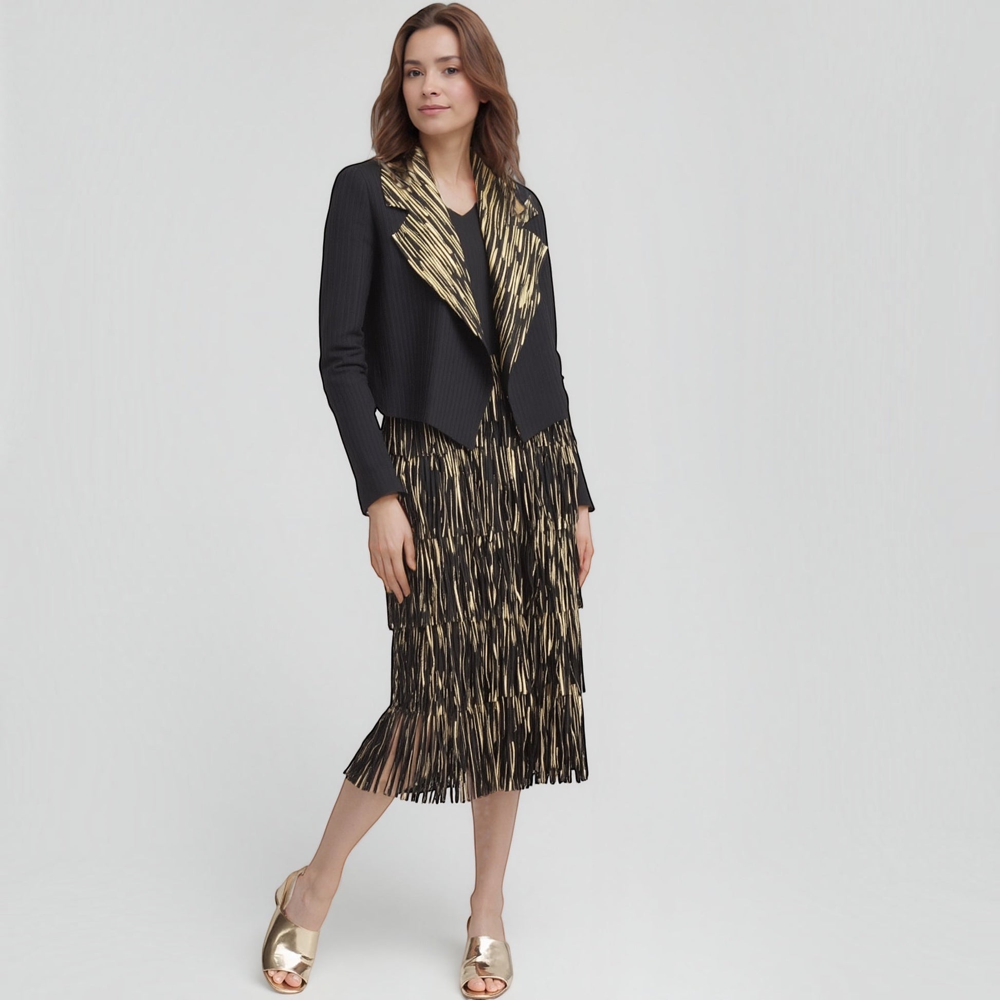 Plum Bottom Ellyndale black and gold pleated sleeveless dress and jacket set with fringe trim and foil print detail