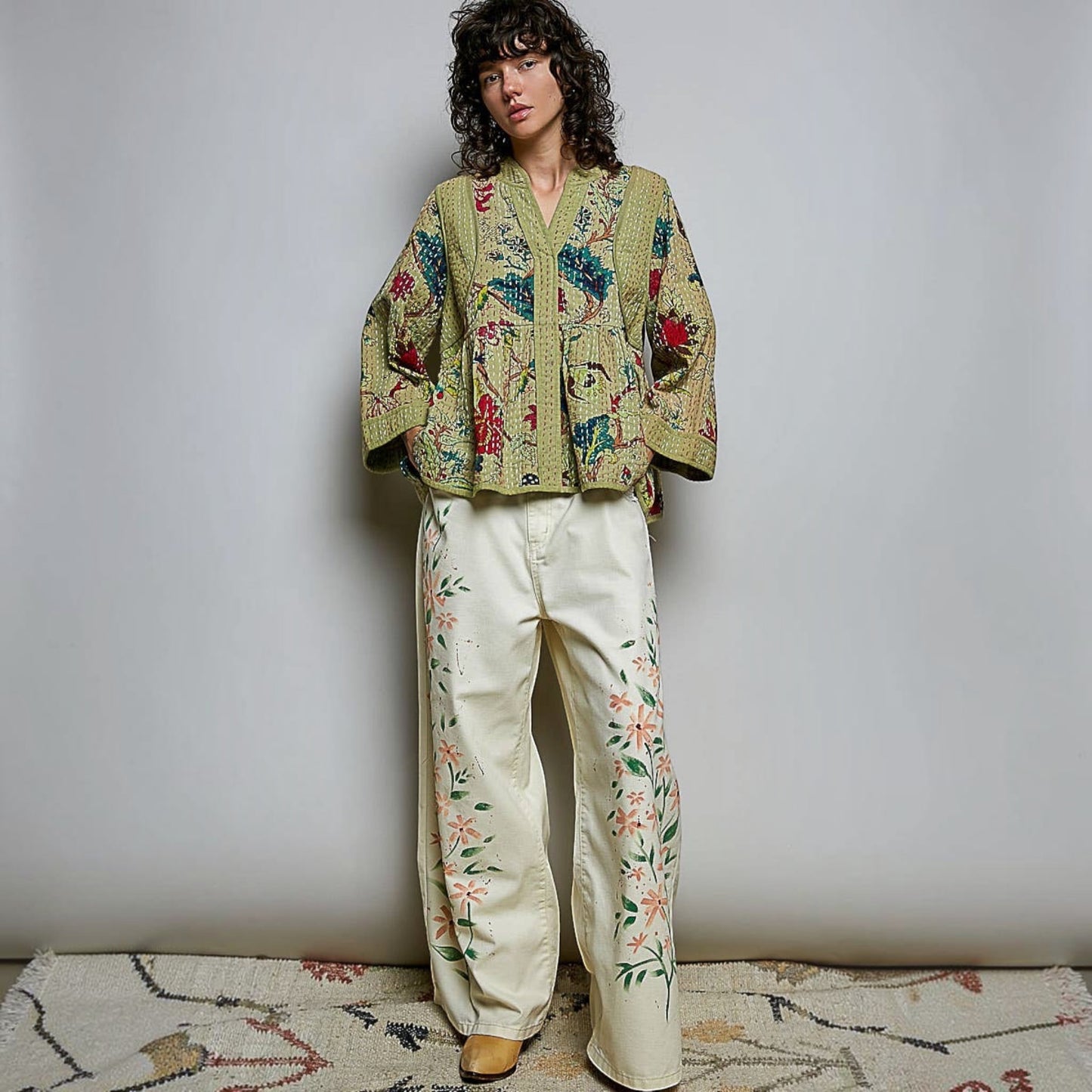 Plum Bottom Pol Clothing quilted floral kimono-style top in powder olive with hand-stitch detail and wide sleeves