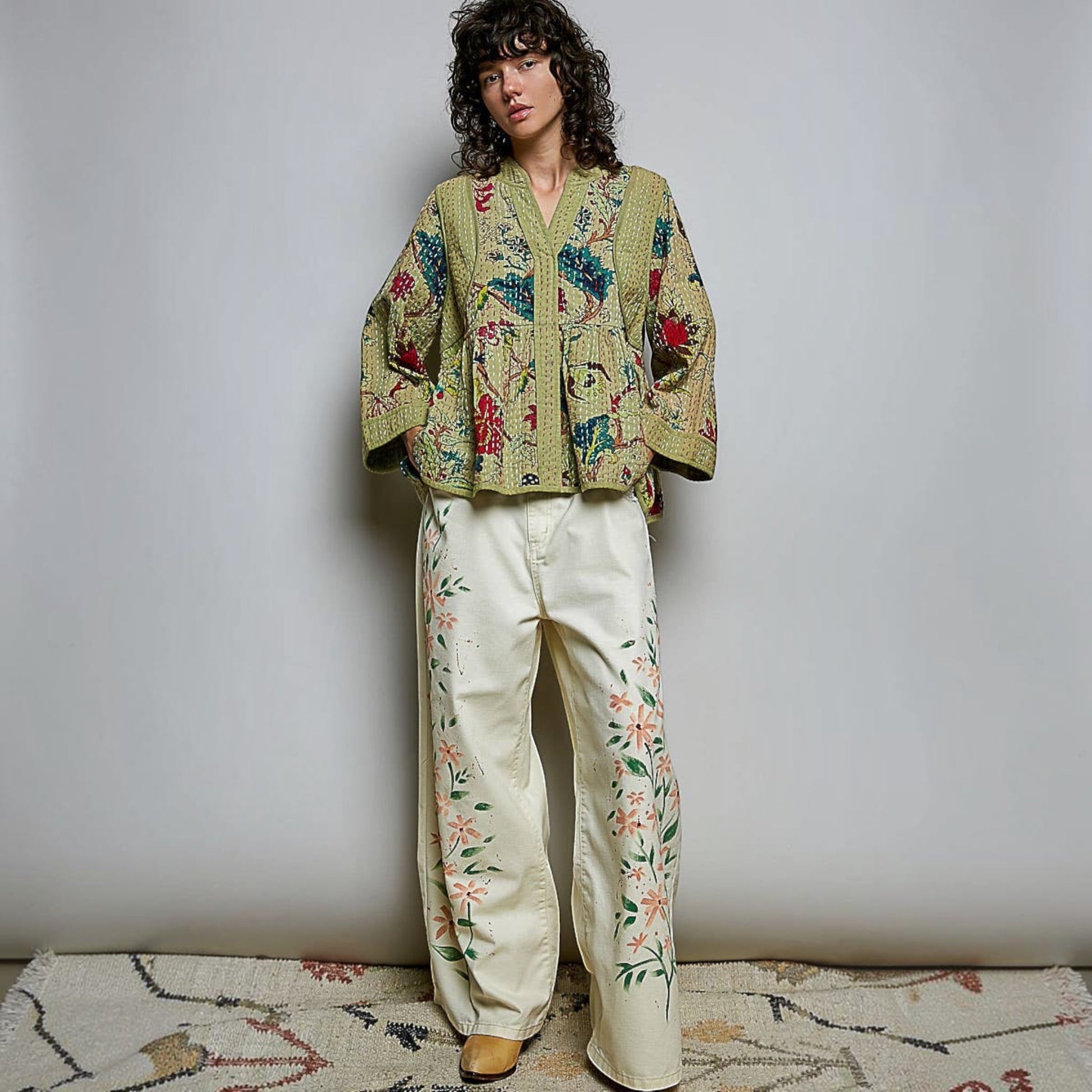 Plum Bottom Pol Clothing quilted floral kimono-style top in powder olive with hand-stitch detail and wide sleeves