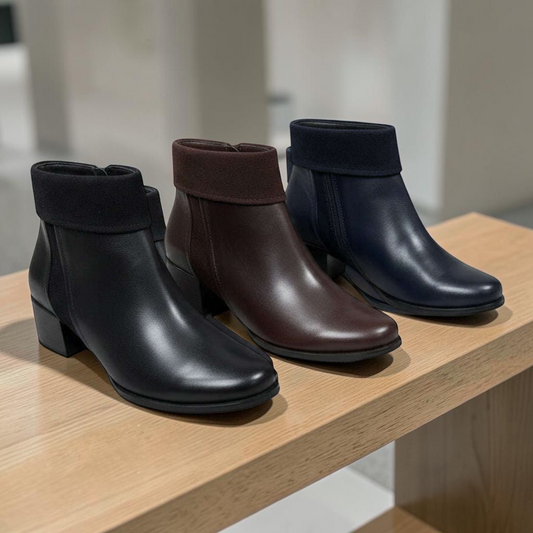 Plum Bottom REGARDE LE CIEL JOLENE-40 leather ankle boots in black, brown, and navy with side zippers and block heels.