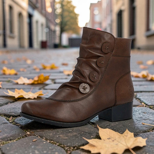 Plum Bottom Rieker 78659 chestnut brown leather slouchy low heel boot with decorative side buttons