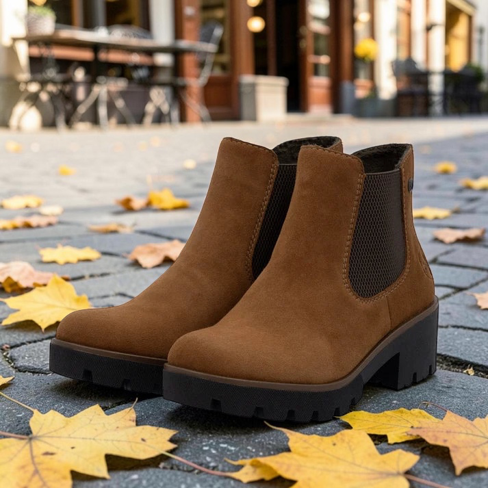 Plum Bottom RIEKER Amalia brown suede Chelsea boots with a chunky black lug sole and elastic side panels.